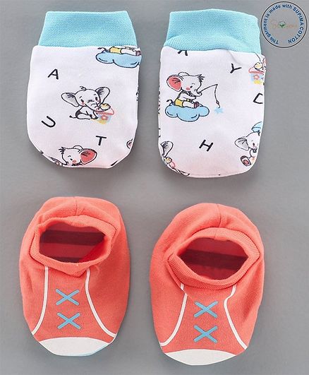 Babyoye Cotton Mittens & Booties Set - Coral Blue