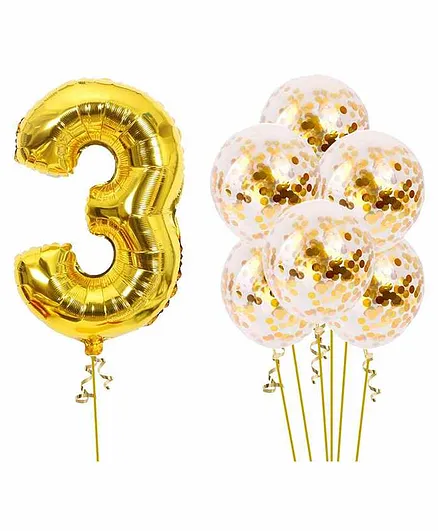 Party Propz Number 3 Foil & Confetti Balloon Golden - Pack of 7