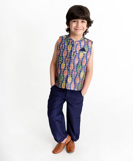 Lil Peacock Sleeveless Paisley & Flower Embroidery Detailing Jacket - Blue