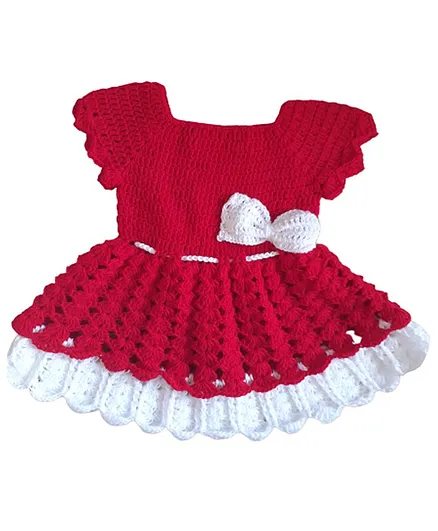 Woonie Bow Applique Short Sleeves Handmade Dress - Red