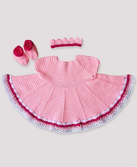 Woonie Solid Short Sleeves Dress With Headband & Booties Set - Pink