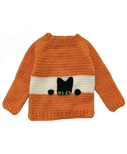 Woonie Handmade Cat Design Full Sleeves Sweater - Brown