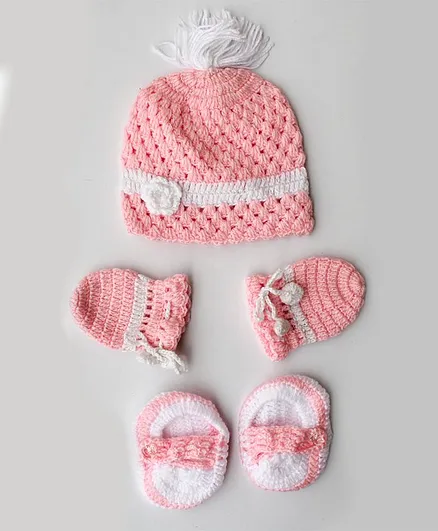 Woonie Handmade Knitted Cap With Mittens & Booties - Light Pink