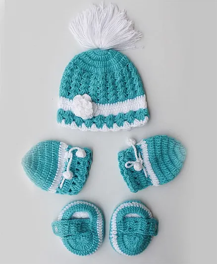 Woonie Handmade Knitted Cap With Mittens & Booties - Blue