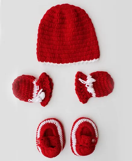 Woonie Solid Handmade Cap With Mittens & Booties - Red