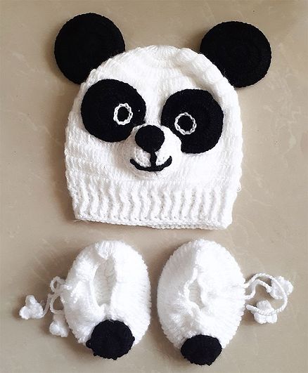 Woonie Handmade Panda Design Cap With Booties - White & Black