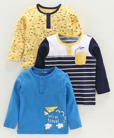 Babyoye Full Sleeves Tee Multi Print Pack of 3 - Blue Yellow