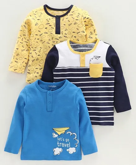 Babyoye Full Sleeves Tee Multi Print Pack of 3 - Blue Yellow
