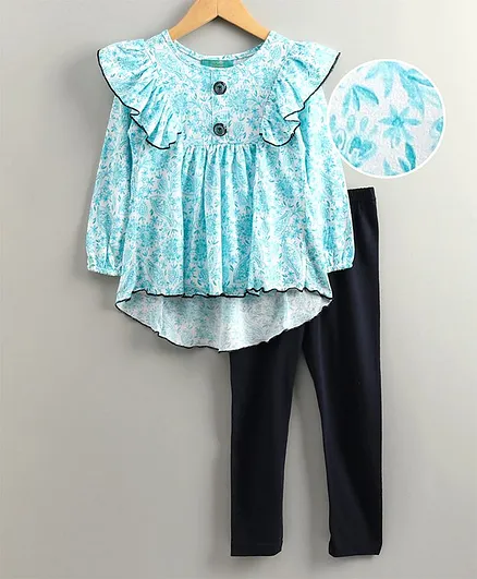 Tiara Puffed Full Sleeves Flowers Printed Asymmetric Tunic With Leggings Set - Blue