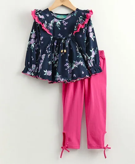 Tiara Full Sleeves Flowers Printed Top With Tie Up & Leggings Set - Blue