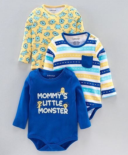 Babyoye Cotton Full Sleeve Bodysuits Monster Print Pack of 3 - Blue