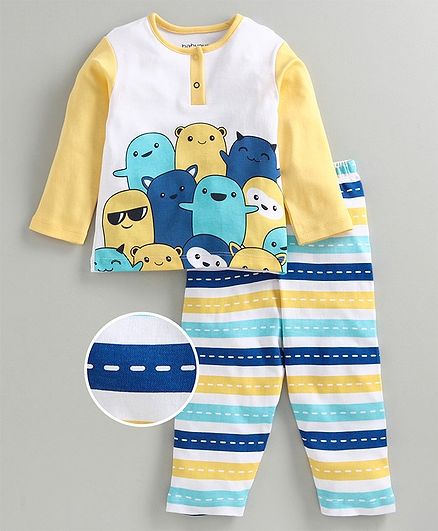 Babyoye Cotton Full Sleeves Tee with Lounge Pant Cartoon Print - White Yellow