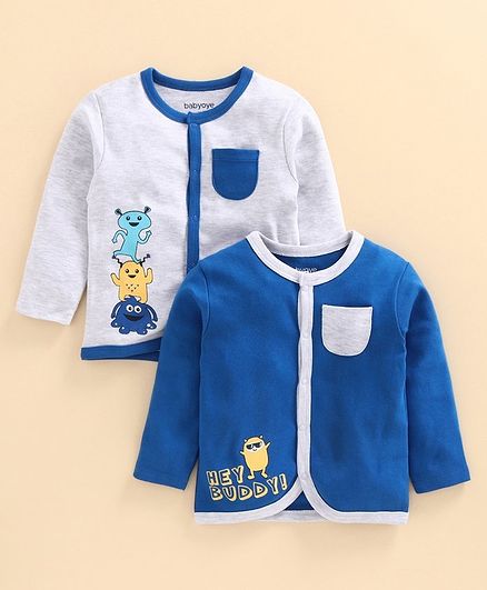 Babyoye Full Sleeves Cotton Jhablas Monster Print Pack of 2 - Blue White