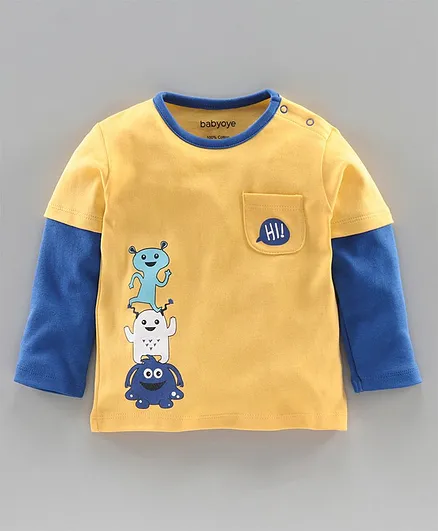 Babyoye Doctor Sleeves Cotton T-Shirt Monster Print - Yellow