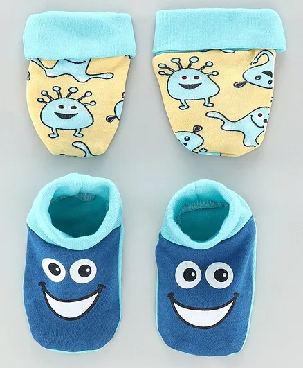 Babyoye Cotton Mittens & Booties Monster Print Pack of 2 - Yellow Blue