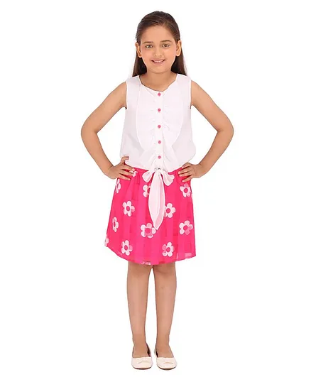Cutecumber Sleeveless Front Knot Top With Flower Printed Skirt - Pink & White