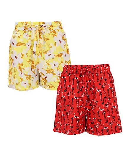 Cutecumber Pack Of Two Flamingo & Flower Print Shorts - Yellow Red