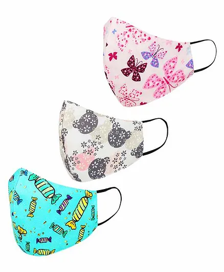 Tossido 2 to 7 Years 3 Ply Premium Cotton Printed Masks Green White Pink - Pack of 3