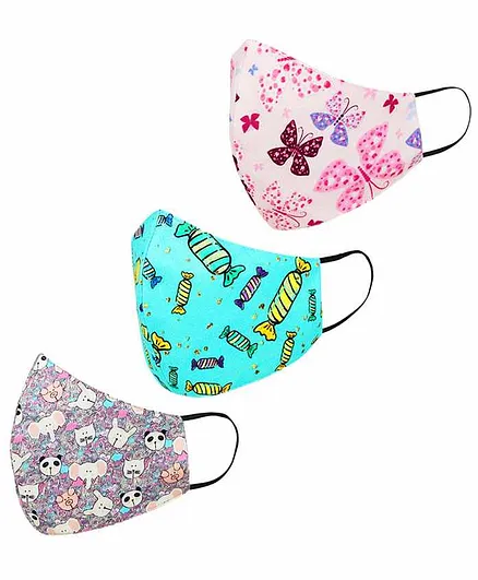Tossido 8 to 14 Years 3 Ply Premium Cotton Printed Masks Pink Purple Sea Green - Pack of 3