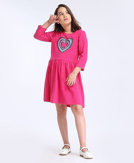 Pine Kids Full Sleeves Biowashed Frock Heart Print - Pink