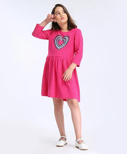 Pine Kids Full Sleeves Biowashed Frock Heart Print - Pink