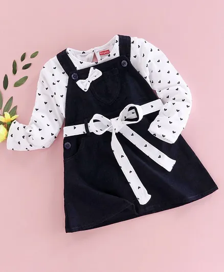 Babyhug Frock with Full Sleeves Inner Tee Heart Print - Navy White