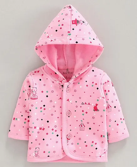 Child World Full Sleeves Hooded Vest Teddy & Stars Print - Pink