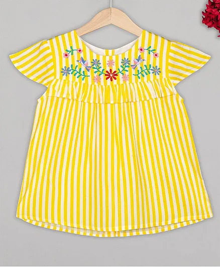 Budding Bees Striped Cap Sleeves Flower Embroidery Detailing Top - Yellow