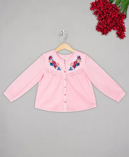 Budding Bees Full Sleeves Flower Embroidery Detailing Top - Pink
