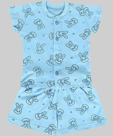 Chipbeys All Over Bunny Face Printed Short Sleeves Night Suit - Light Blue