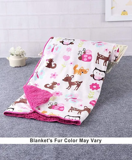 Babyhug Sherin & Poly Wool All Season Blanket Animal & Floral Design - White Pink (Blanket's Fur Color May Vary)