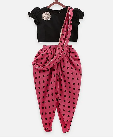 Lilpicks Couture Short Sleeves Top With Polka Dot Print Drape Attached Dhoti Pants - Black Pink