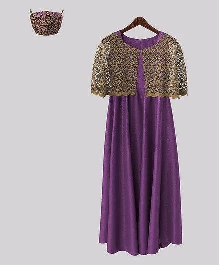 HEYKIDOO Half Sleeves Rose Flower Embroidery Cape With Gown & Matching Mask - Purple
