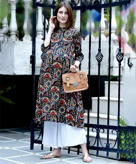 Mine4Nine Printed Three Fourth Sleeves A-Line Maternity Kurta - Black