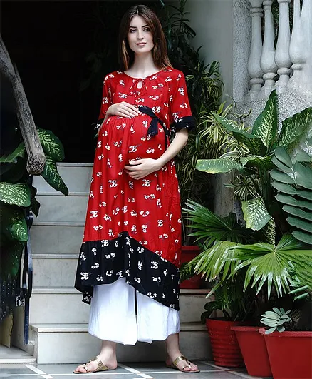 Mine4Nine Flower Print Fit & Flare Three Fourth Sleeves Maternity Kurta - Red
