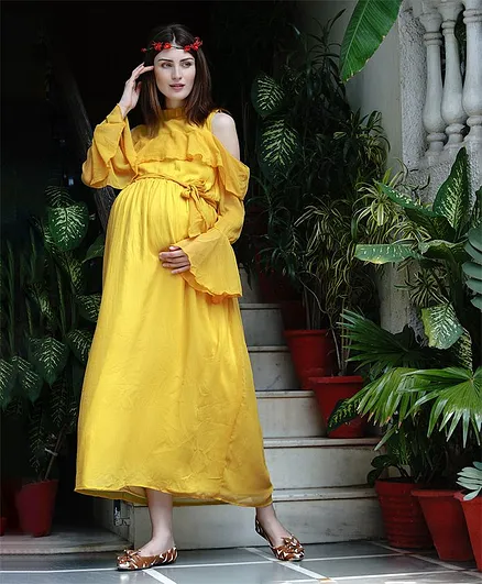 Mine4Nine Solid Full Sleeves Maxi Ruffled Maternity Dress - Yellow