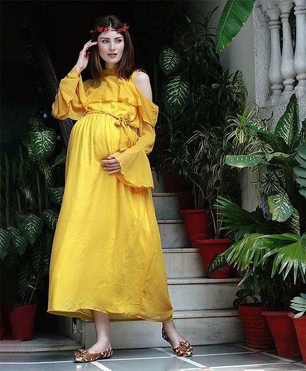 Mine4Nine Solid Full Sleeves Maxi Ruffled Maternity Dress - Yellow
