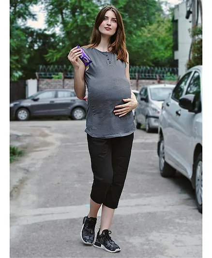 Mine4Nine Three Fourth Length Solid Maternity Track Pants - Black
