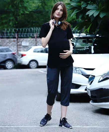 Mine4Nine Three Fourth Length Solid Maternity Track Pants - Grey
