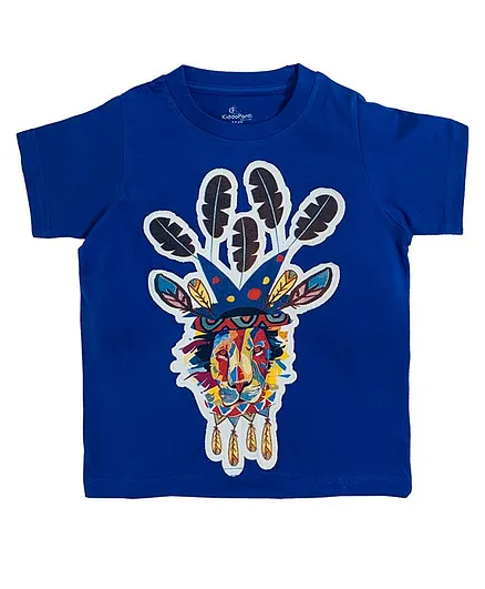 Kiddopanti Half Sleeves Tribal Lion Patch Detailing Tee - Blue