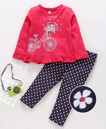 Babyhug Full Sleeves Top & Leggings Cycle Print - Pink