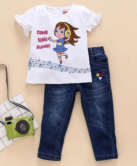 Babyhug Half Sleeves Top with Jeans Text Print - White Blue