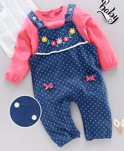 Babyhug Dungaree with Full Sleeves Inner Tee Polka Dot Print - Blue Pink