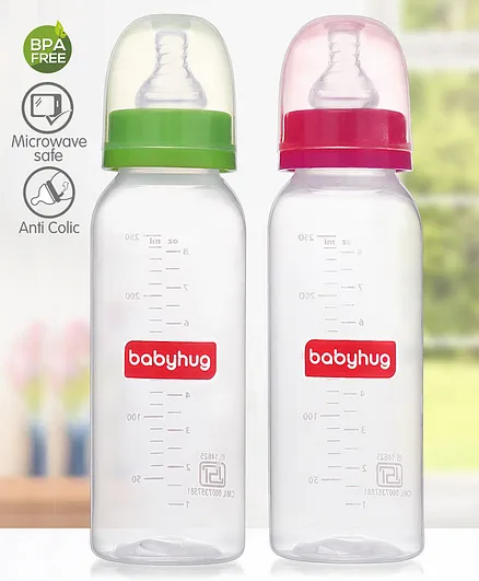 Babyhug Narrow Neck Feeding Bottle Pack of 2 Pink Green - 250 ml Each