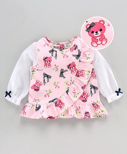 Babyoye Woven Cotton Peasant Sleeves Top Bear Print - Pink