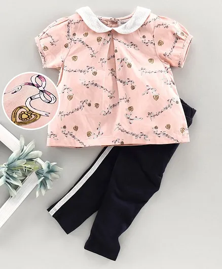 Babyoye Full Sleeves Top & Bottom Princess Print - Peach Navy