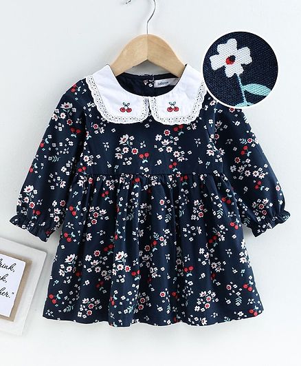 Babyoye Full Sleeves Frock Floral Print - Navy Blue