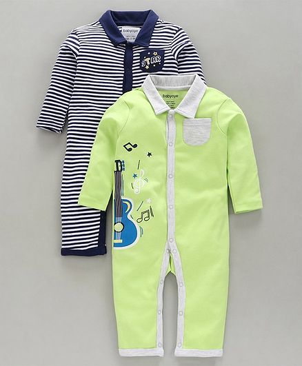 Babyoye Full Sleeves Cotton Romper Guitar Print Pack of 2 - Green Navy Blue
