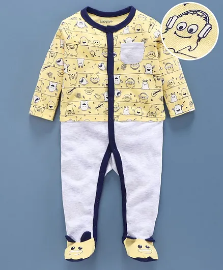 Babyoye Full Sleeves Cotton Footed Sleepsuit - Yellow