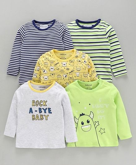 Babyoye Full Sleeves T-Shirt Pack of 5 - Green Yellow Blue